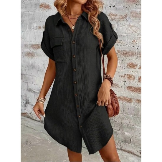 Kadın Kısa Kollu Yakalı önden Düğmeli Bürümcük Kısa Elbise, 32588 Kadın Kısa Kollu Yakalı önden Düğmeli Bürümcük Kısa Elbise, 32588
