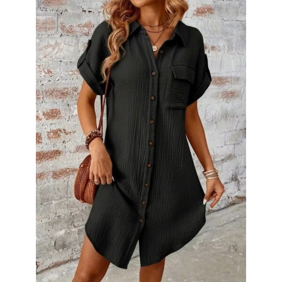 Kadın Kısa Kollu Yakalı önden Düğmeli Bürümcük Kısa Elbise, 32588 Kadın Kısa Kollu Yakalı önden Düğmeli Bürümcük Kısa Elbise, 32588