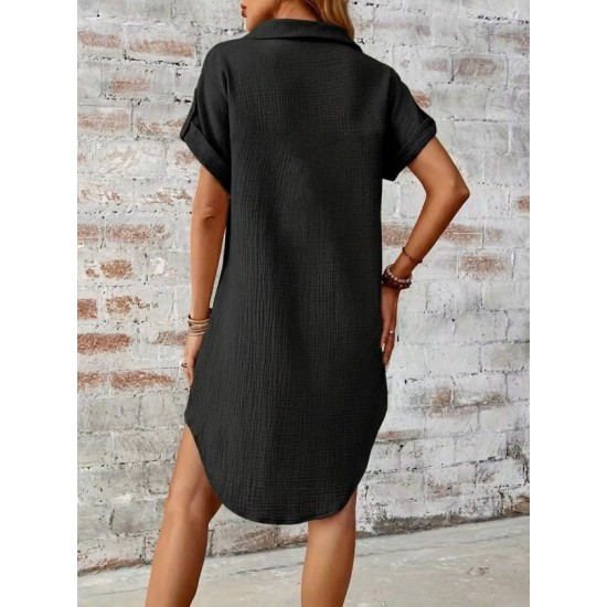 Kadın Kısa Kollu Yakalı önden Düğmeli Bürümcük Kısa Elbise, 32588 Kadın Kısa Kollu Yakalı önden Düğmeli Bürümcük Kısa Elbise, 32588