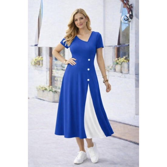 Kadın Kısa Kollu Asimetrik Yakalı Düğme Detaylı Midi Viskon Elbise , 32600