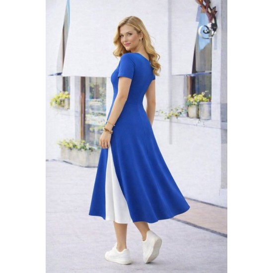 Kadın Kısa Kollu Asimetrik Yakalı Düğme Detaylı Midi Viskon Elbise , 32600