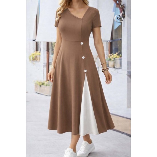 Kadın Kısa Kollu Asimetrik Yakalı Düğme Detaylı Midi Viskon Elbise , 32599