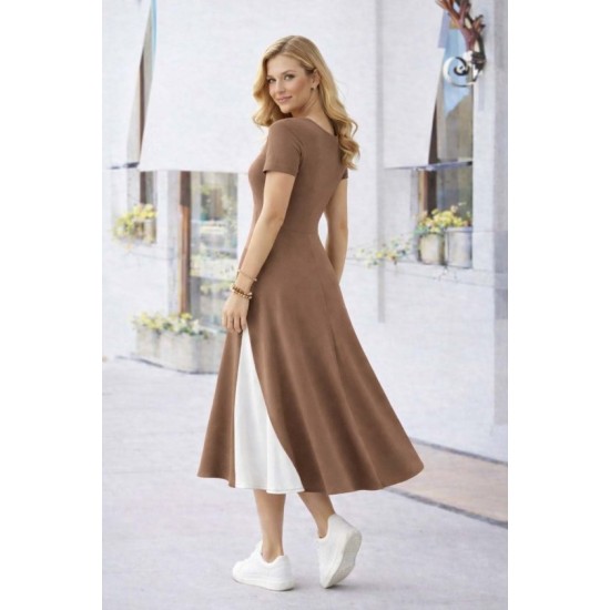 Kadın Kısa Kollu Asimetrik Yakalı Düğme Detaylı Midi Viskon Elbise , 32599