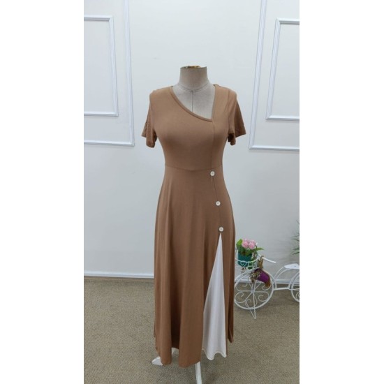 Kadın Kısa Kollu Asimetrik Yakalı Düğme Detaylı Midi Viskon Elbise , 32599