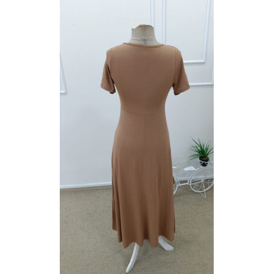 Kadın Kısa Kollu Asimetrik Yakalı Düğme Detaylı Midi Viskon Elbise , 32599