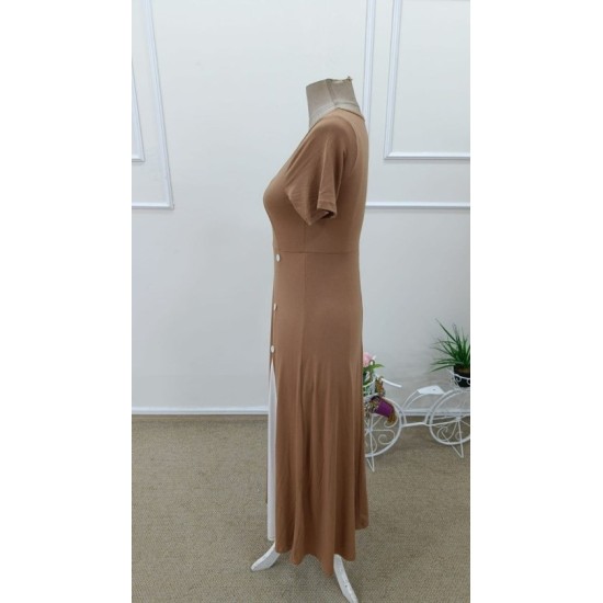 Kadın Kısa Kollu Asimetrik Yakalı Düğme Detaylı Midi Viskon Elbise , 32599