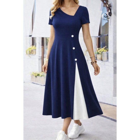Kadın Kısa Kollu Asimetrik Yakalı Düğme Detaylı Midi Viskon Elbise , 32598