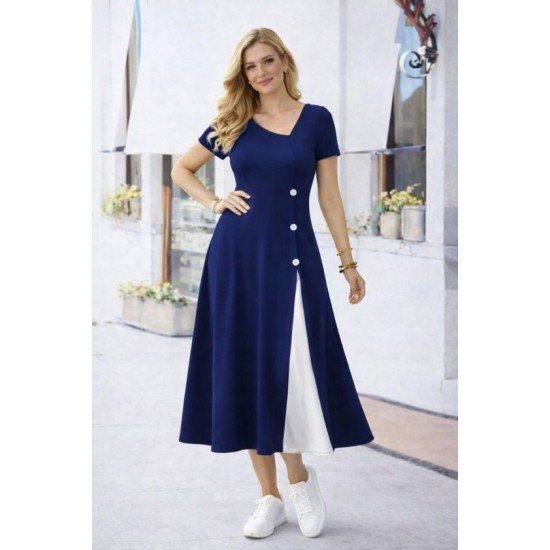 Kadın Kısa Kollu Asimetrik Yakalı Düğme Detaylı Midi Viskon Elbise , 32598
