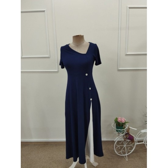 Kadın Kısa Kollu Asimetrik Yakalı Düğme Detaylı Midi Viskon Elbise , 32598