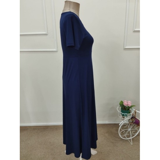 Kadın Kısa Kollu Asimetrik Yakalı Düğme Detaylı Midi Viskon Elbise , 32598