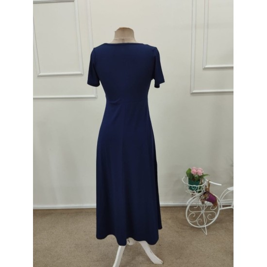 Kadın Kısa Kollu Asimetrik Yakalı Düğme Detaylı Midi Viskon Elbise , 32598