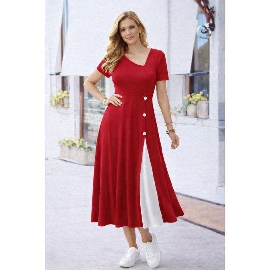 Kadın Kısa Kollu Asimetrik Yakalı Düğme Detaylı Midi Viskon Elbise , 32597 Kadın Kısa Kollu Asimetrik Yakalı Düğme Detaylı Midi Viskon Elbise , 32597
