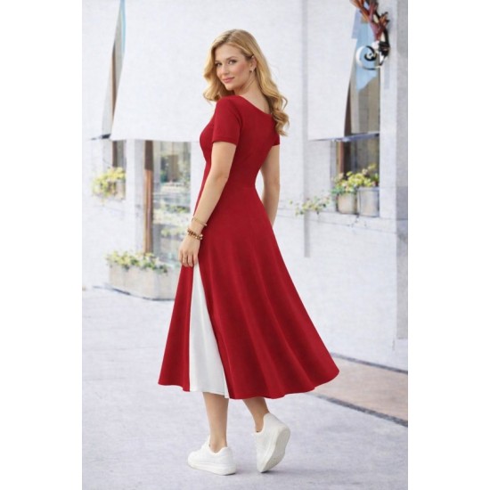 Kadın Kısa Kollu Asimetrik Yakalı Düğme Detaylı Midi Viskon Elbise , 32597 Kadın Kısa Kollu Asimetrik Yakalı Düğme Detaylı Midi Viskon Elbise , 32597