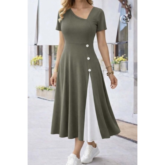 Kadın Kısa Kollu Asimetrik Yakalı Düğme Detaylı Midi Viskon Elbise , 32596 Kadın Kısa Kollu Asimetrik Yakalı Düğme Detaylı Midi Viskon Elbise , 32596