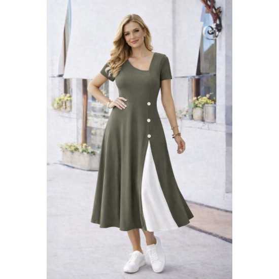 Kadın Kısa Kollu Asimetrik Yakalı Düğme Detaylı Midi Viskon Elbise , 32596 Kadın Kısa Kollu Asimetrik Yakalı Düğme Detaylı Midi Viskon Elbise , 32596