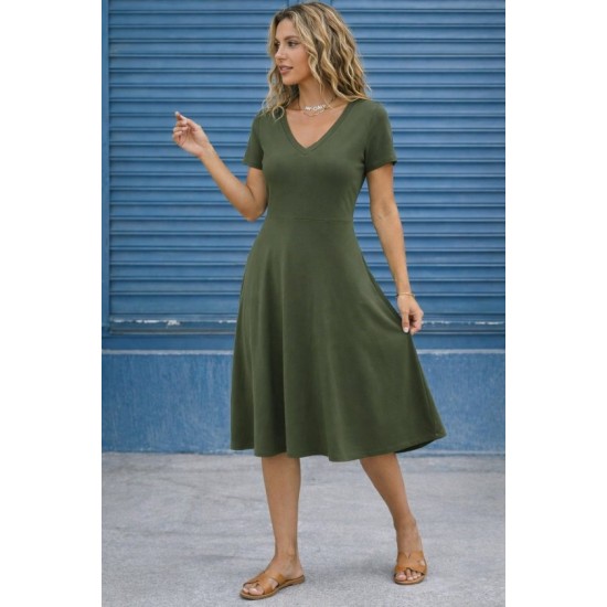 Kadın Kısa Kollu V Yakalı Kiloş Midi Viskon Elbise , 32608