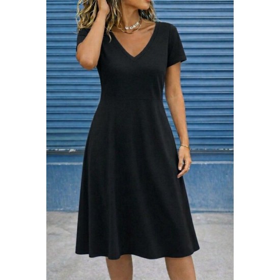 Kadın Kısa Kollu V Yakalı Kiloş Midi Viskon Elbise , 32606