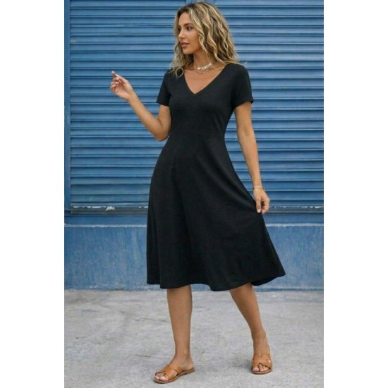 Kadın Kısa Kollu V Yakalı Kiloş Midi Viskon Elbise , 32606