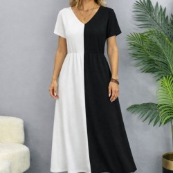 Kadın Kısa Kollu V Yakalı çift Renkli Viskon Midi Elbise , 32605