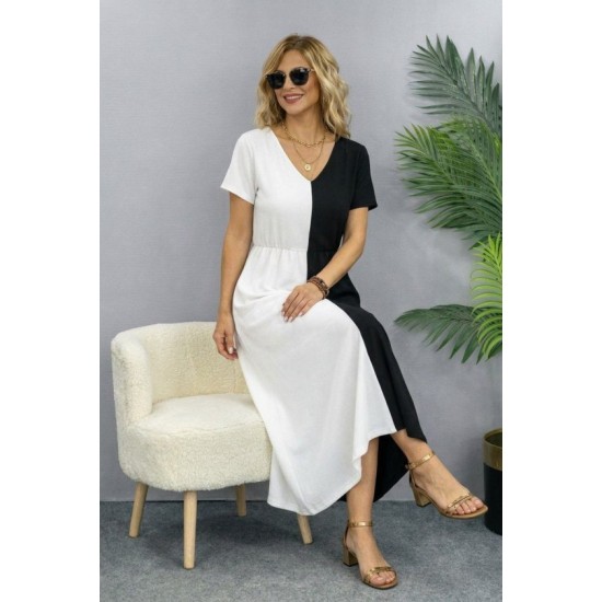 Kadın Kısa Kollu V Yakalı çift Renkli Viskon Midi Elbise , 32605