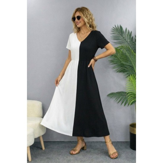 Kadın Kısa Kollu V Yakalı çift Renkli Viskon Midi Elbise , 32605