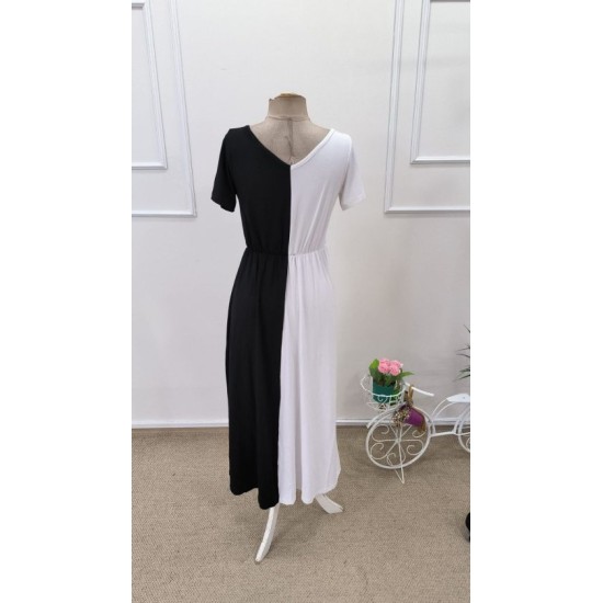 Kadın Kısa Kollu V Yakalı çift Renkli Viskon Midi Elbise , 32605