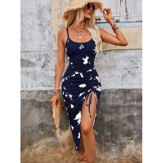 Kadın Ip Askılı Yuvarlak Yakalı Desenli Yandan Büzgülü Midi Süprem Elbise , 32604