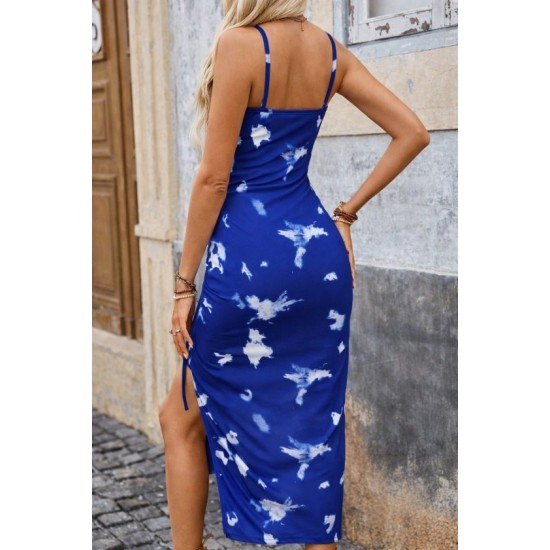 Kadın Ip Askılı Yuvarlak Yakalı Desenli Yandan Büzgülü Midi Süprem Elbise , 32603