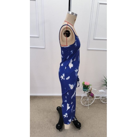 Kadın Ip Askılı Yuvarlak Yakalı Desenli Yandan Büzgülü Midi Süprem Elbise , 32603