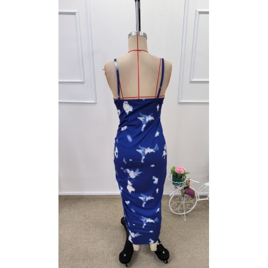 Kadın Ip Askılı Yuvarlak Yakalı Desenli Yandan Büzgülü Midi Süprem Elbise , 32603