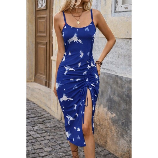 Kadın Ip Askılı Yuvarlak Yakalı Desenli Yandan Büzgülü Midi Süprem Elbise , 32603