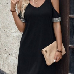 Kadın Omuzlardan Açık V Yakalı Kosa Viskon Elbise , 32618