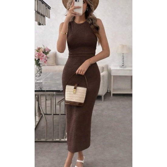 Kadın Askılı Bisiklet Yaka Beli Büzgülü Uzun Bürümcük Elbise , 32617