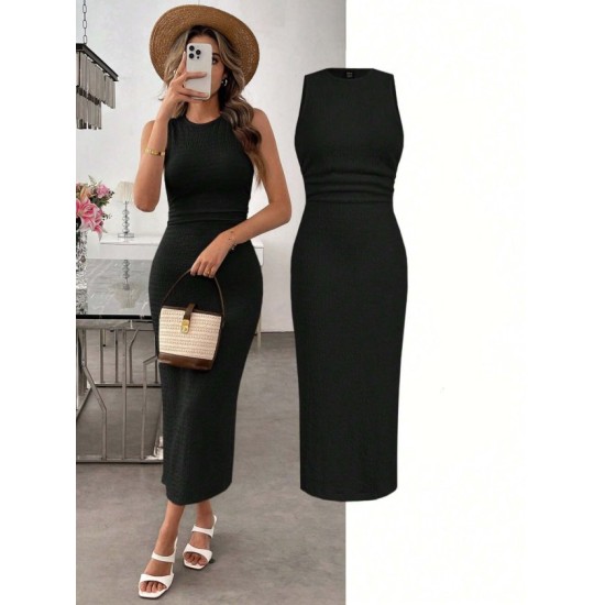 Kadın Askılı Bisiklet Yaka Beli Büzgülü Uzun Bürümcük Elbise , 32615