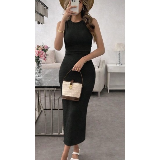 Kadın Askılı Bisiklet Yaka Beli Büzgülü Uzun Bürümcük Elbise , 32615