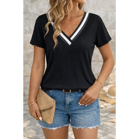 Kadın Kısa Kollu V Yakalı Bürümcük Bluz, 32614