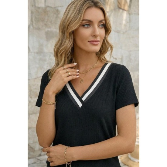 Kadın Kısa Kollu V Yakalı Bürümcük Bluz, 32614