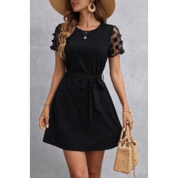 Kadın Kısa Kollu Bisiklet Yaka Kuşaklı Kısa Ithal Krep Elbise , 32613