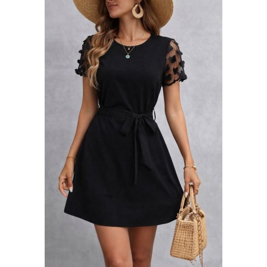 Kadın Kısa Kollu Bisiklet Yaka Kuşaklı Kısa Ithal Krep Elbise , 32613