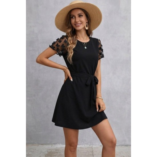 Kadın Kısa Kollu Bisiklet Yaka Kuşaklı Kısa Ithal Krep Elbise , 32613