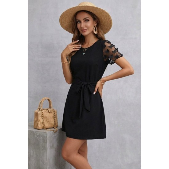 Kadın Kısa Kollu Bisiklet Yaka Kuşaklı Kısa Ithal Krep Elbise , 32613