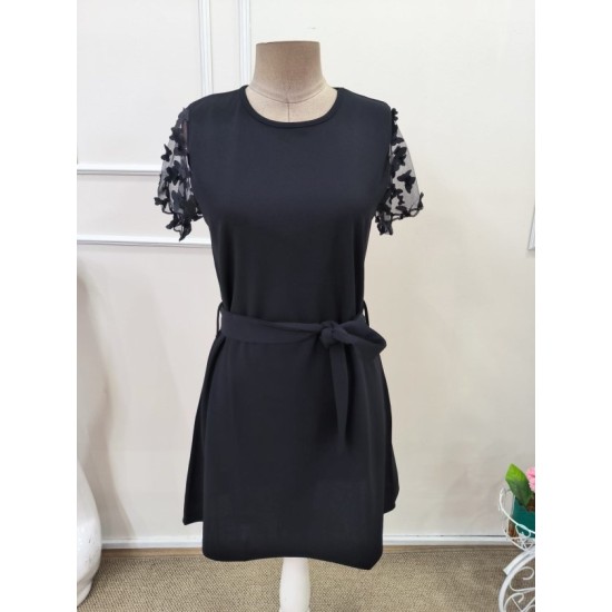 Kadın Kısa Kollu Bisiklet Yaka Kuşaklı Kısa Ithal Krep Elbise , 32613