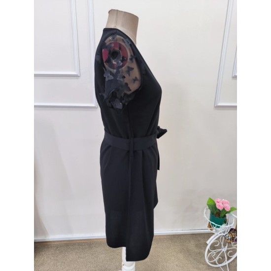 Kadın Kısa Kollu Bisiklet Yaka Kuşaklı Kısa Ithal Krep Elbise , 32613