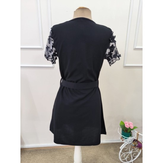 Kadın Kısa Kollu Bisiklet Yaka Kuşaklı Kısa Ithal Krep Elbise , 32613