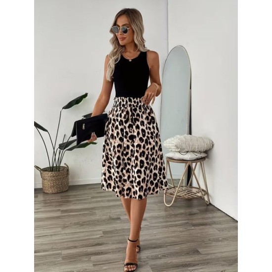 Kadın Askılı Yuvarlak Yakalı Viskon Bluz Ve Leopar Desenli önü Düğmeli Midi Etek Ikili Takım , 32612