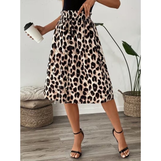 Kadın Askılı Yuvarlak Yakalı Viskon Bluz Ve Leopar Desenli önü Düğmeli Midi Etek Ikili Takım , 32612