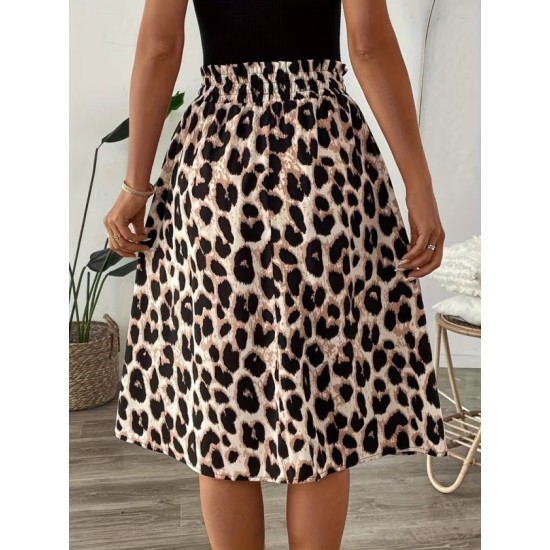 Kadın Askılı Yuvarlak Yakalı Viskon Bluz Ve Leopar Desenli önü Düğmeli Midi Etek Ikili Takım , 32612