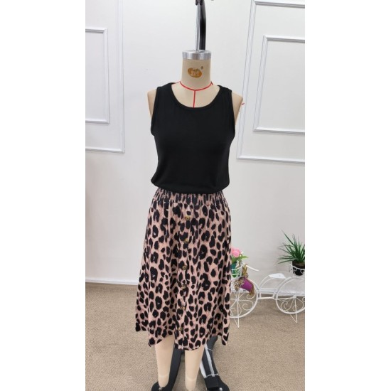 Kadın Askılı Yuvarlak Yakalı Viskon Bluz Ve Leopar Desenli önü Düğmeli Midi Etek Ikili Takım , 32612