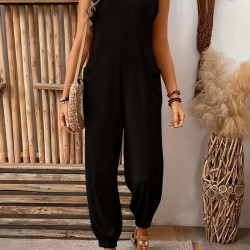 Kadın Askılı Yuvarlak Yakalı Cep Detaylı Viskon Tulum, 31891