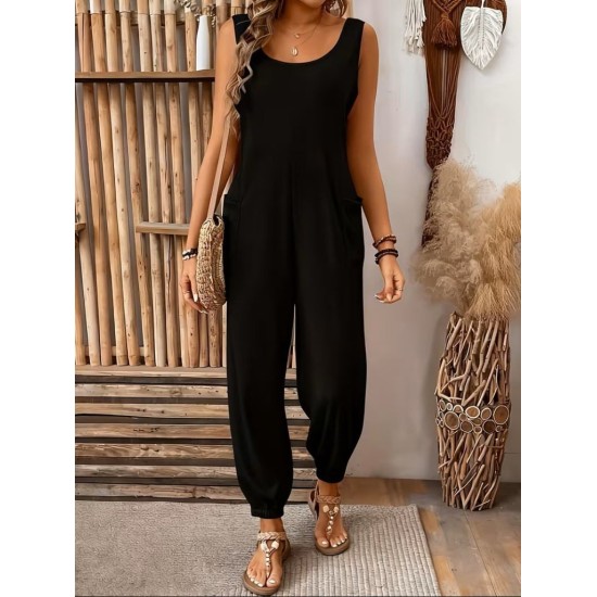 Kadın Askılı Yuvarlak Yakalı Cep Detaylı Viskon Tulum, 31891